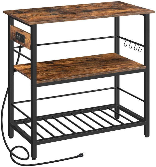 Main image of Kitchen Island with Storage, Kitchen Island Table with Power Outlet, 35.4" L 3 Tier Coffee Station and Microwave Stand, for Home, Dining Room, Rustic Brown and Black BF021ZD01