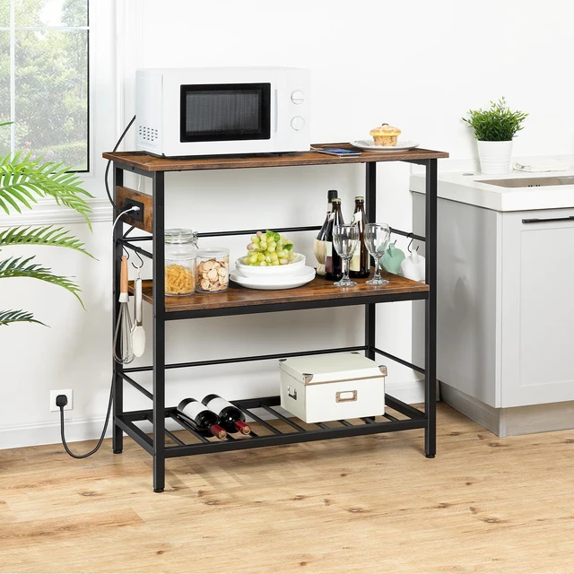 Alt view image 2 of 7 - Kitchen Island with Storage, Kitchen Island Table with Power Outlet, 35.4" L 3 Tier Coffee Station and Microwave Stand, for Home, Dining Room, Rustic Brown and Black BF021ZD01