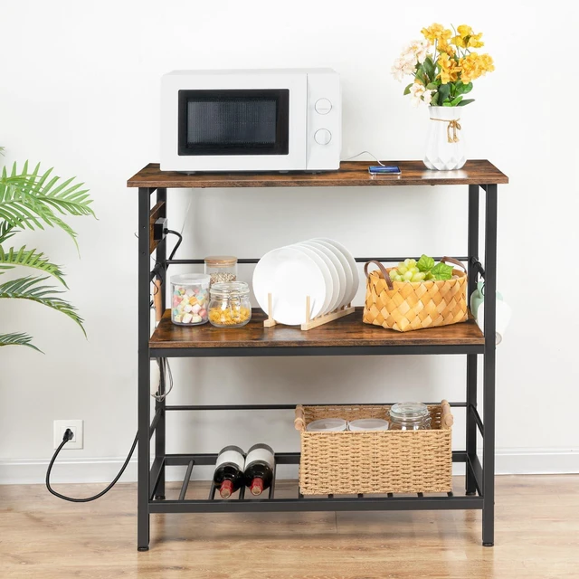 Alt view image 3 of 7 - Kitchen Island with Storage, Kitchen Island Table with Power Outlet, 35.4" L 3 Tier Coffee Station and Microwave Stand, for Home, Dining Room, Rustic Brown and Black BF021ZD01