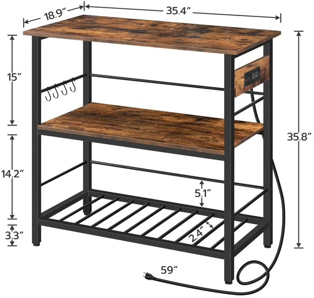 Alt view image 5 of 7 - Kitchen Island with Storage, Kitchen Island Table with Power Outlet, 35.4" L 3 Tier Coffee Station and Microwave Stand, for Home, Dining Room, Rustic Brown and Black BF021ZD01