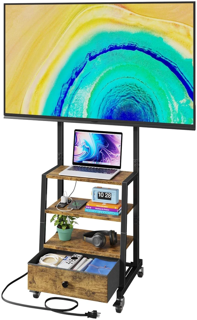 Main image of Rolling TV Stand with Wheels and Mount & Fabric Drawer - Entertainment Center with Power Outlet and Small TV Stand for Bedroom, Living Room - 15" Rustic Brown