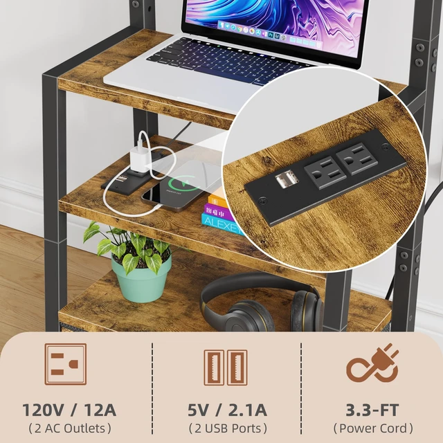 Alt view image 2 of 7 - Rolling TV Stand with Wheels and Mount & Fabric Drawer - Entertainment Center with Power Outlet and Small TV Stand for Bedroom, Living Room - 15" Rustic Brown
