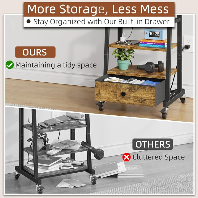 Alt view image 3 of 7 - Rolling TV Stand with Wheels and Mount & Fabric Drawer - Entertainment Center with Power Outlet and Small TV Stand for Bedroom, Living Room - 15" Rustic Brown
