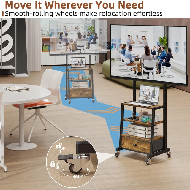 Alt view image 4 of 7 - Rolling TV Stand with Wheels and Mount & Fabric Drawer - Entertainment Center with Power Outlet and Small TV Stand for Bedroom, Living Room - 15" Rustic Brown