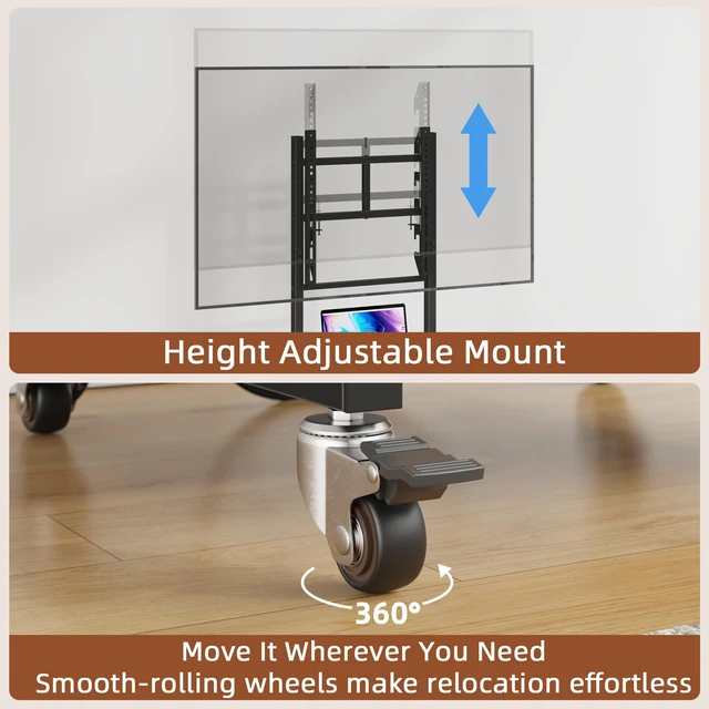 Alt view image 5 of 7 - Rolling TV Stand with Wheels and Mount & Fabric Drawer - Entertainment Center with Power Outlet and Small TV Stand for Bedroom, Living Room - 15" Rustic Brown
