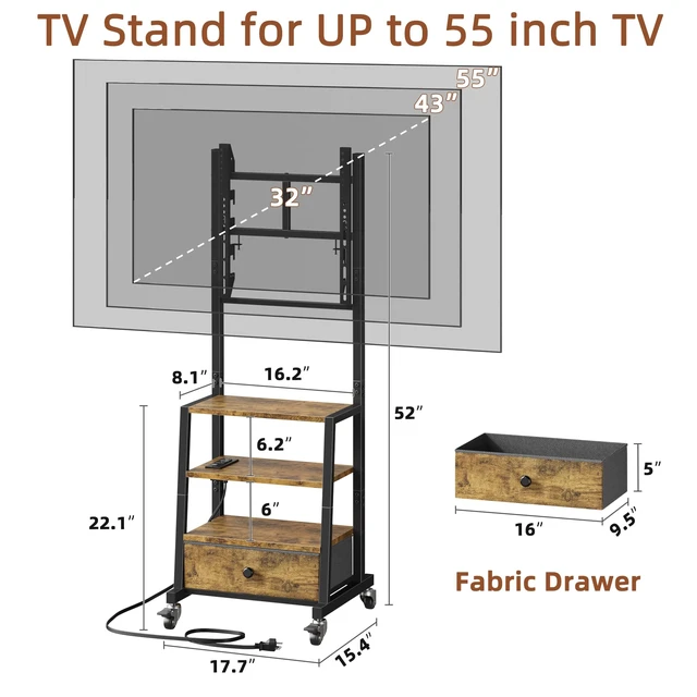 Alt view image 6 of 7 - Rolling TV Stand with Wheels and Mount & Fabric Drawer - Entertainment Center with Power Outlet and Small TV Stand for Bedroom, Living Room - 15" Rustic Brown