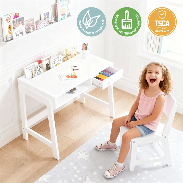 Alt view image 2 of 7 - Wooden Kids Desk and Chair Set with Open Storage & 1 Drawer | Kids Study Desk with Tabletop Organizer, Solid Wood Legs, Ergonomic Chair, Water-based Paint, Extended Desktop For Study Room