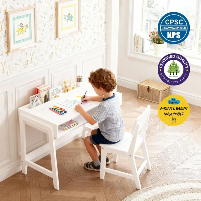 Alt view image 5 of 7 - Wooden Kids Desk and Chair Set with Open Storage & 1 Drawer | Kids Study Desk with Tabletop Organizer, Solid Wood Legs, Ergonomic Chair, Water-based Paint, Extended Desktop For Study Room