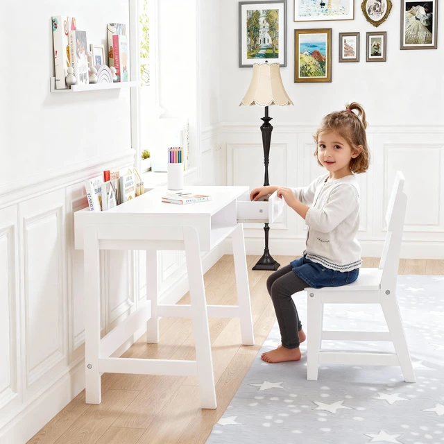 Alt view image 6 of 7 - Wooden Kids Desk and Chair Set with Open Storage & 1 Drawer | Kids Study Desk with Tabletop Organizer, Solid Wood Legs, Ergonomic Chair, Water-based Paint, Extended Desktop For Study Room