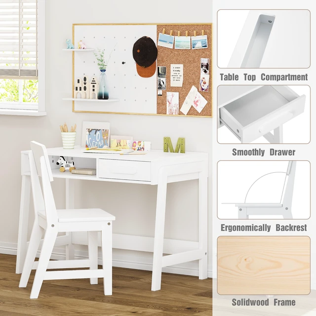 Alt view image 3 of 7 - Wooden Kids Desk and Chair Set with Open Storage & 1 Drawer | Kids Study Desk with Tabletop Organizer, Solid Wood Legs, Ergonomic Chair, Water-based Paint, Extended Desktop For Study Room