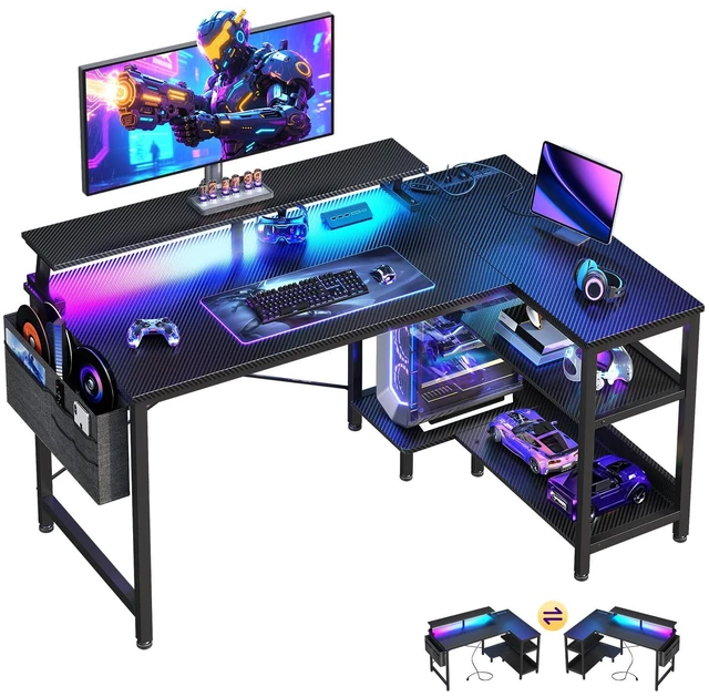 Main image of 40 Inch L Shaped Gaming Desk with LED Lights, Power Outlets, Black | Adjustable Monitor Stand, Open Storage Shelves, Hanging Side Bag, PC Tower Stand, Reversible Layout for Gaming