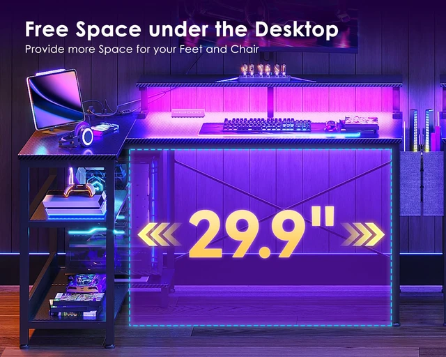 Alt view image 2 of 7 - 40 Inch L Shaped Gaming Desk with LED Lights, Power Outlets, Black | Adjustable Monitor Stand, Open Storage Shelves, Hanging Side Bag, PC Tower Stand, Reversible Layout for Gaming