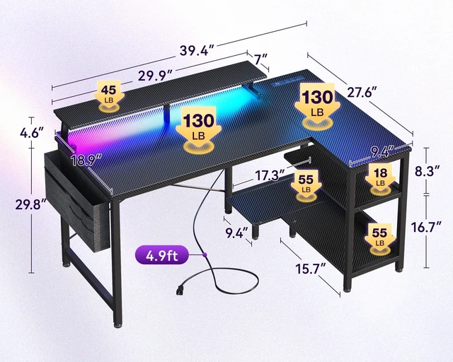 Alt view image 3 of 7 - 40 Inch L Shaped Gaming Desk with LED Lights, Power Outlets, Black | Adjustable Monitor Stand, Open Storage Shelves, Hanging Side Bag, PC Tower Stand, Reversible Layout for Gaming