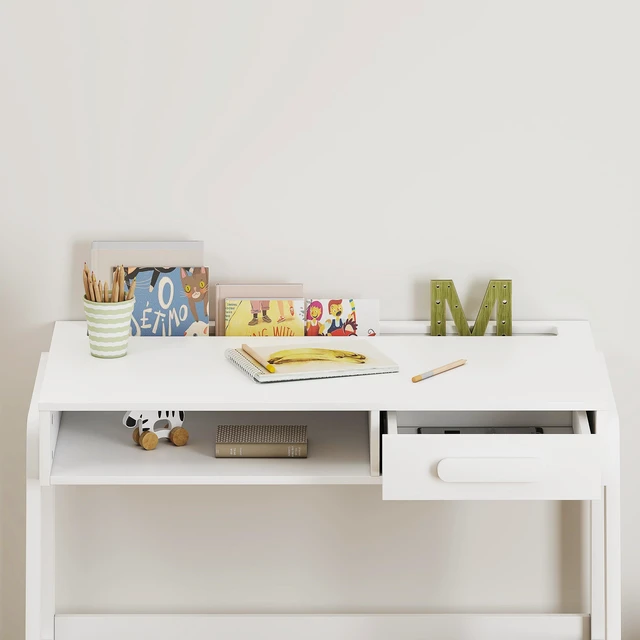 Alt view image 4 of 7 - Wooden Kids Desk and Chair Set with Open Storage & 1 Drawer | Kids Study Desk with Tabletop Organizer, Solid Wood Legs, Ergonomic Chair, Water-based Paint, Extended Desktop For Study Room