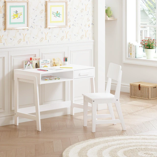 Alt view image 7 of 7 - Wooden Kids Desk and Chair Set with Open Storage & 1 Drawer | Kids Study Desk with Tabletop Organizer, Solid Wood Legs, Ergonomic Chair, Water-based Paint, Extended Desktop For Study Room
