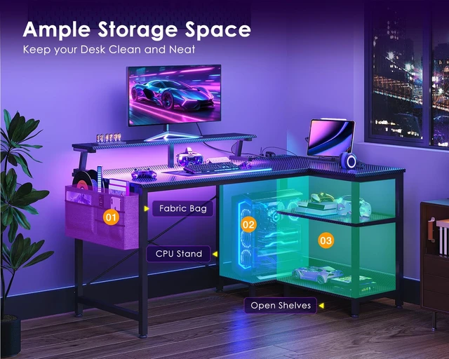 Alt view image 6 of 7 - 40 Inch L Shaped Gaming Desk with LED Lights, Power Outlets, Black | Adjustable Monitor Stand, Open Storage Shelves, Hanging Side Bag, PC Tower Stand, Reversible Layout for Gaming