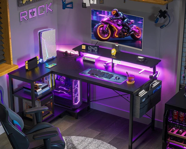 Alt view image 7 of 7 - 40 Inch L Shaped Gaming Desk with LED Lights, Power Outlets, Black | Adjustable Monitor Stand, Open Storage Shelves, Hanging Side Bag, PC Tower Stand, Reversible Layout for Gaming