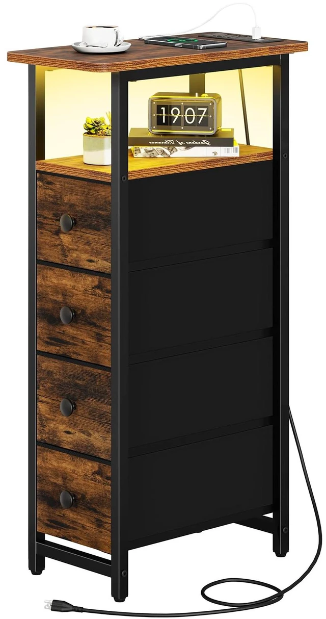 Main image of Narrow Nightstand with Charging Station, LED Tall Narrow Side Table | Sturdy Brown Nightstand, Tall Space-Saving Dresser, Skinny Storage Drawers & Cabinet, Designed for Bedroom Dorm Small Spaces