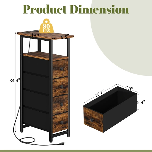 Alt view image 2 of 7 - Narrow Nightstand with Charging Station, LED Tall Narrow Side Table | Sturdy Brown Nightstand, Tall Space-Saving Dresser, Skinny Storage Drawers & Cabinet, Designed for Bedroom Dorm Small Spaces