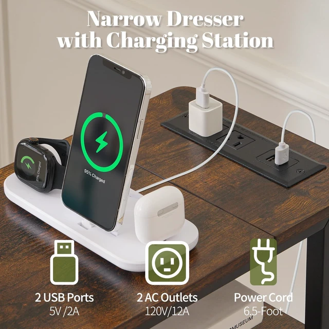 Alt view image 3 of 7 - Narrow Nightstand with Charging Station, LED Tall Narrow Side Table | Sturdy Brown Nightstand, Tall Space-Saving Dresser, Skinny Storage Drawers & Cabinet, Designed for Bedroom Dorm Small Spaces
