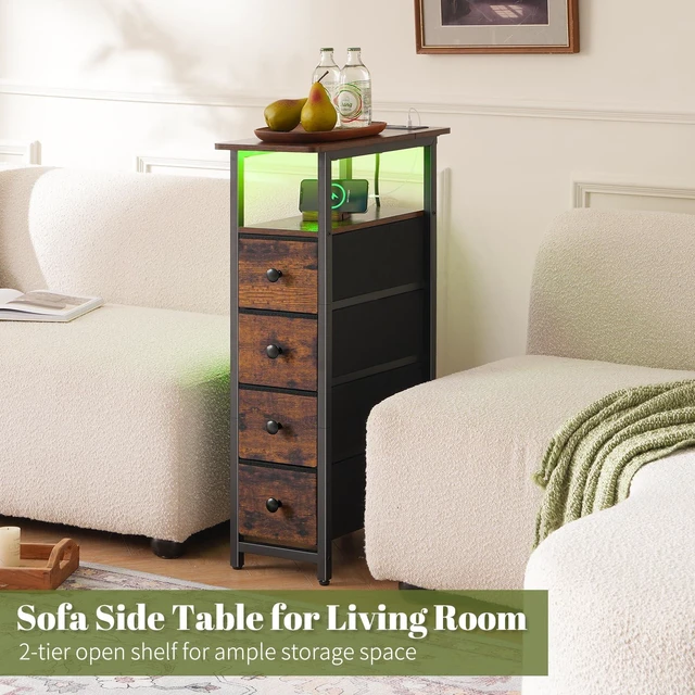 Alt view image 5 of 7 - Narrow Nightstand with Charging Station, LED Tall Narrow Side Table | Sturdy Brown Nightstand, Tall Space-Saving Dresser, Skinny Storage Drawers & Cabinet, Designed for Bedroom Dorm Small Spaces