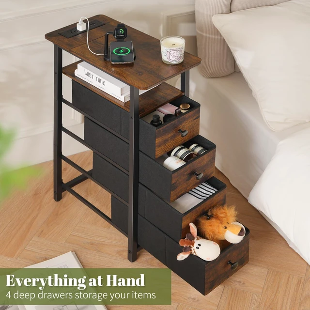 Alt view image 6 of 7 - Narrow Nightstand with Charging Station, LED Tall Narrow Side Table | Sturdy Brown Nightstand, Tall Space-Saving Dresser, Skinny Storage Drawers & Cabinet, Designed for Bedroom Dorm Small Spaces