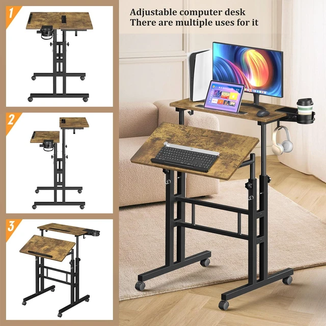 Alt view image 2 of 7 - Small Standing Desk with Wheels, Mobile Stand Up Desk, Portable Standing Table on Wheels for Walking Pad, Rolling Computer Desk Adjustable Height, Tall Table