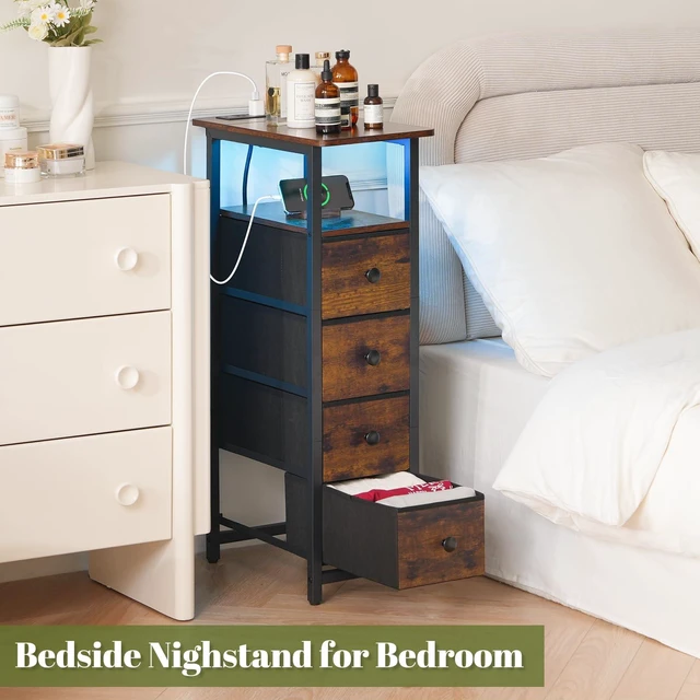 Alt view image 7 of 7 - Narrow Nightstand with Charging Station, LED Tall Narrow Side Table | Sturdy Brown Nightstand, Tall Space-Saving Dresser, Skinny Storage Drawers & Cabinet, Designed for Bedroom Dorm Small Spaces