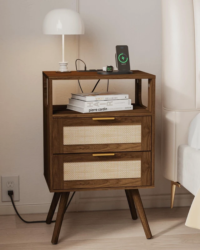 Main image of Rattan Nightstand with Charging Station,Farmhouse Bedside Table with 2 Storage Drawer and Open Wood Shelf, for Bedroom and Small Spaces,Night Stand with Solid Wood Legs (Dark Walnut-Outlet)