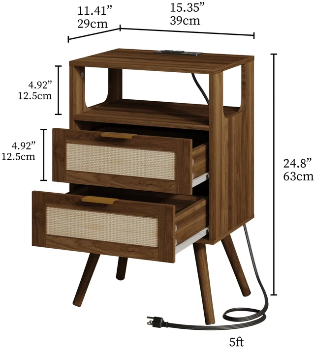 Alt view image 3 of 7 - Rattan Nightstand with Charging Station,Farmhouse Bedside Table with 2 Storage Drawer and Open Wood Shelf, for Bedroom and Small Spaces,Night Stand with Solid Wood Legs (Dark Walnut-Outlet)