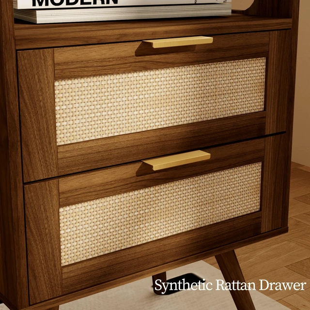 Alt view image 4 of 7 - Rattan Nightstand with Charging Station,Farmhouse Bedside Table with 2 Storage Drawer and Open Wood Shelf, for Bedroom and Small Spaces,Night Stand with Solid Wood Legs (Dark Walnut-Outlet)