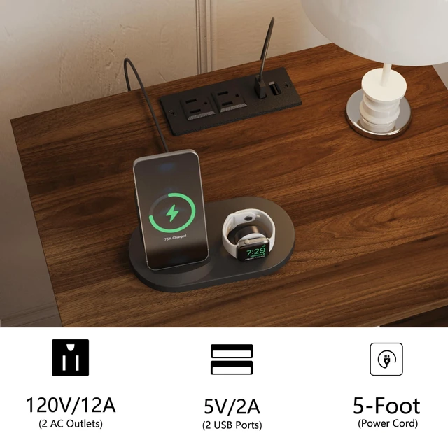 Alt view image 5 of 7 - Rattan Nightstand with Charging Station,Farmhouse Bedside Table with 2 Storage Drawer and Open Wood Shelf, for Bedroom and Small Spaces,Night Stand with Solid Wood Legs (Dark Walnut-Outlet)
