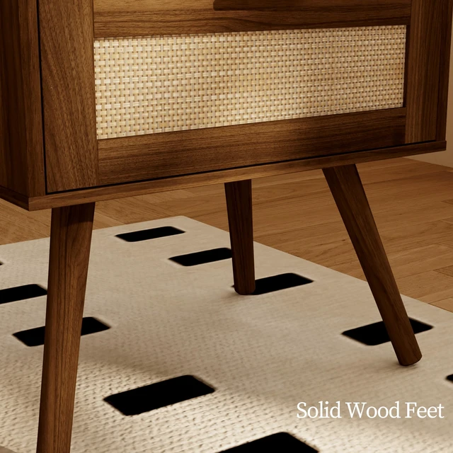 Alt view image 6 of 7 - Rattan Nightstand with Charging Station,Farmhouse Bedside Table with 2 Storage Drawer and Open Wood Shelf, for Bedroom and Small Spaces,Night Stand with Solid Wood Legs (Dark Walnut-Outlet)