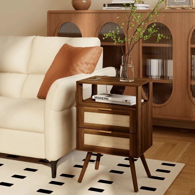 Alt view image 7 of 7 - Rattan Nightstand with Charging Station,Farmhouse Bedside Table with 2 Storage Drawer and Open Wood Shelf, for Bedroom and Small Spaces,Night Stand with Solid Wood Legs (Dark Walnut-Outlet)