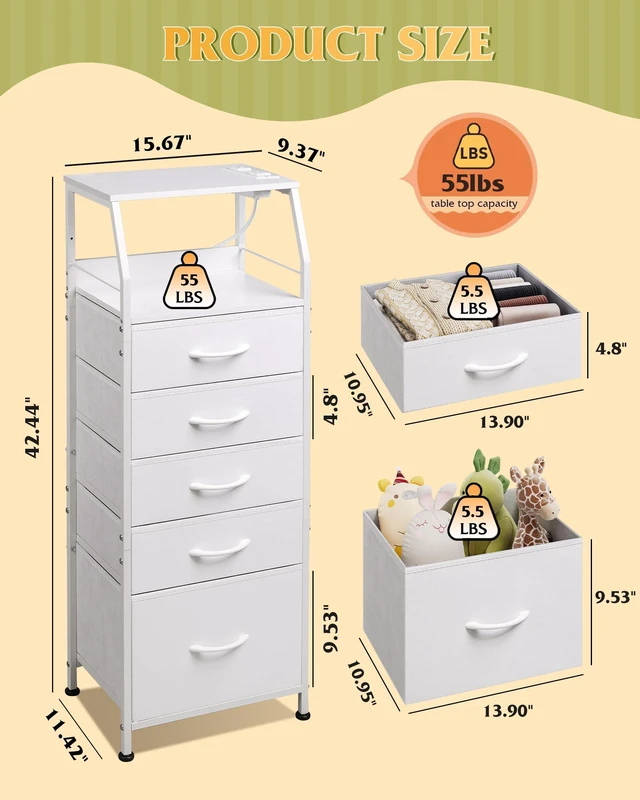 Alt view image 3 of 7 - Night Stand with Charging Station, White LED 5 Drawers Bedside Table | RGB LED Tall Dresser with 2 USB + 2 AC Outlets, 5 Fabric Drawers, Sturdy Metal Frame, Easy Assembly