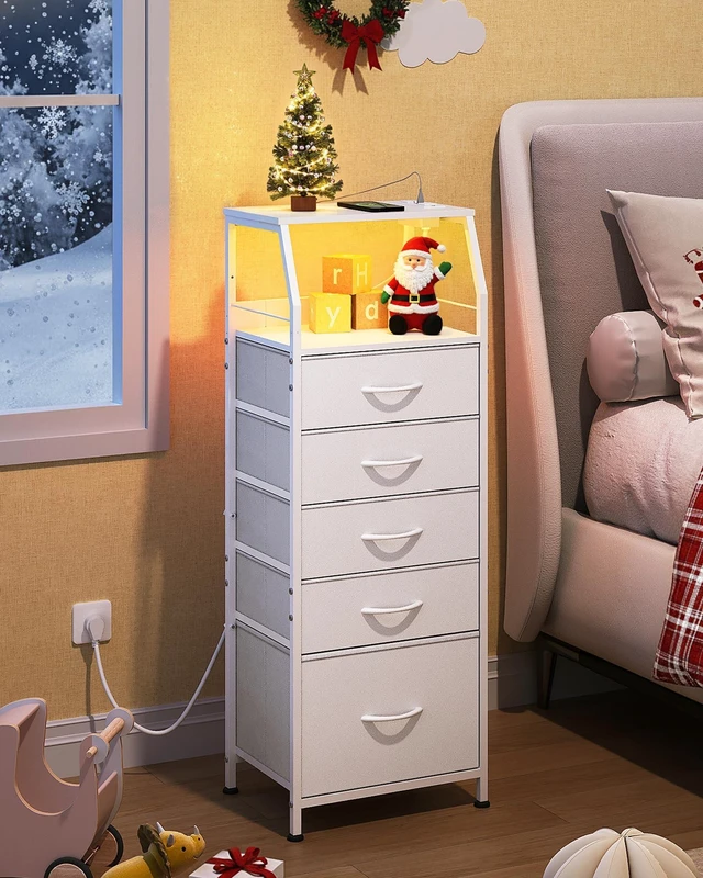 Alt view image 2 of 7 - Night Stand with Charging Station, White LED 5 Drawers Bedside Table | RGB LED Tall Dresser with 2 USB + 2 AC Outlets, 5 Fabric Drawers, Sturdy Metal Frame, Easy Assembly