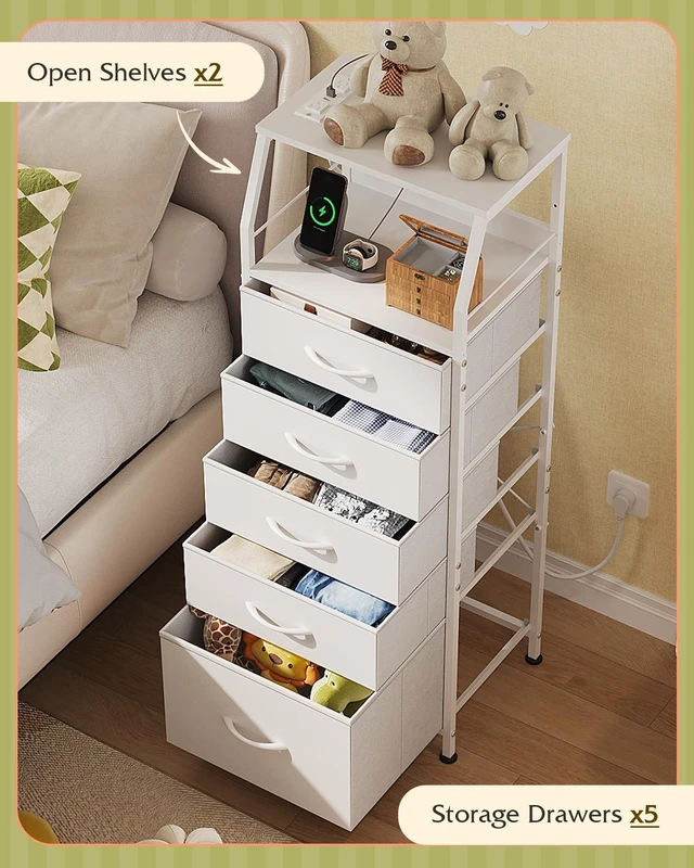 Alt view image 6 of 7 - Night Stand with Charging Station, White LED 5 Drawers Bedside Table | RGB LED Tall Dresser with 2 USB + 2 AC Outlets, 5 Fabric Drawers, Sturdy Metal Frame, Easy Assembly