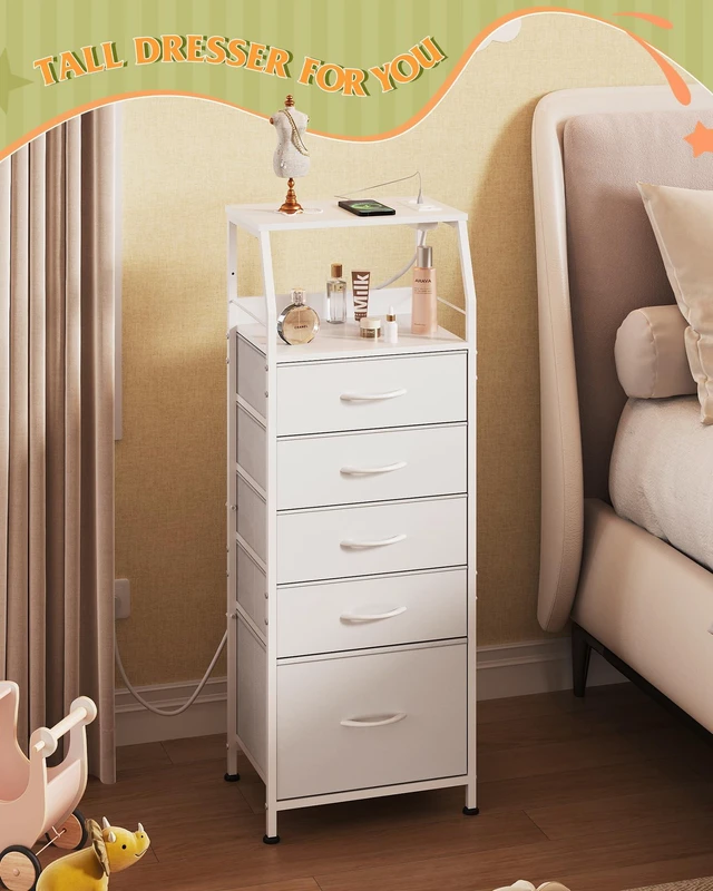 Alt view image 7 of 7 - Night Stand with Charging Station, White LED 5 Drawers Bedside Table | RGB LED Tall Dresser with 2 USB + 2 AC Outlets, 5 Fabric Drawers, Sturdy Metal Frame, Easy Assembly
