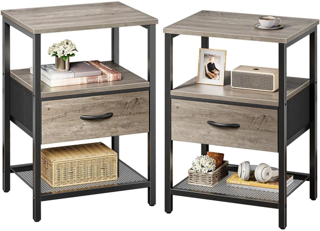 Main image of Nightstand Set of 2, Night Stand with Fabric Drawer, Mesh Shelf | Side Table with Storage, Fabric Drawer Dresser, Open Shelf, Metal Frame, Bedroom, Oak