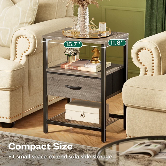 Alt view image 3 of 7 - Nightstand Set of 2, Night Stand with Fabric Drawer, Mesh Shelf | Side Table with Storage, Fabric Drawer Dresser, Open Shelf, Metal Frame, Bedroom, Oak