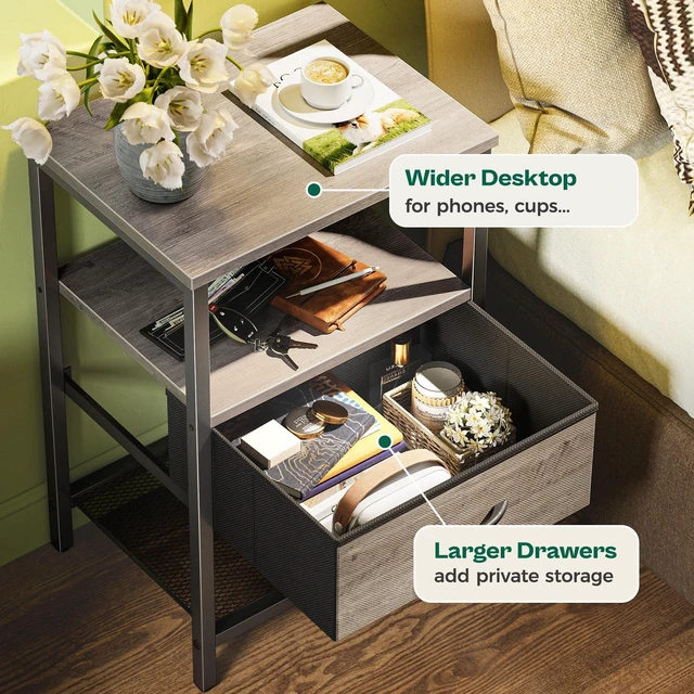 Alt view image 4 of 7 - Nightstand Set of 2, Night Stand with Fabric Drawer, Mesh Shelf | Side Table with Storage, Fabric Drawer Dresser, Open Shelf, Metal Frame, Bedroom, Oak