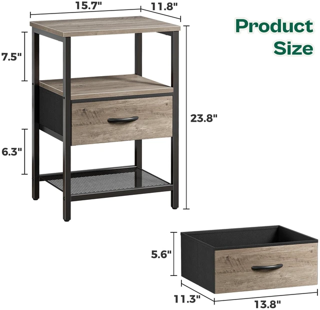 Alt view image 6 of 7 - Nightstand Set of 2, Night Stand with Fabric Drawer, Mesh Shelf | Side Table with Storage, Fabric Drawer Dresser, Open Shelf, Metal Frame, Bedroom, Oak