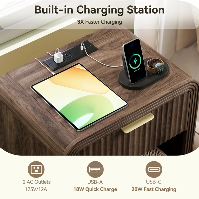 Alt view image 2 of 7 - Fluted 1-Drawer Nightstand with Charging Station and Shelf, Walnut | Open Shelf, Gold Handles, Curved Profile, USB and Type C Ports, Wood Bedside Table for Bedroom Storage