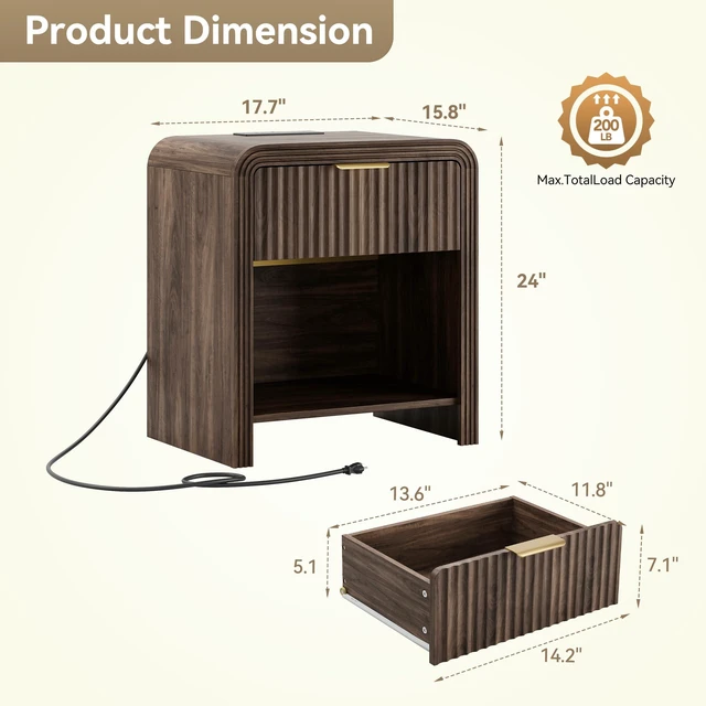 Alt view image 3 of 7 - Fluted 1-Drawer Nightstand with Charging Station and Shelf, Walnut | Open Shelf, Gold Handles, Curved Profile, USB and Type C Ports, Wood Bedside Table for Bedroom Storage