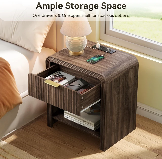 Alt view image 4 of 7 - Fluted 1-Drawer Nightstand with Charging Station and Shelf, Walnut | Open Shelf, Gold Handles, Curved Profile, USB and Type C Ports, Wood Bedside Table for Bedroom Storage