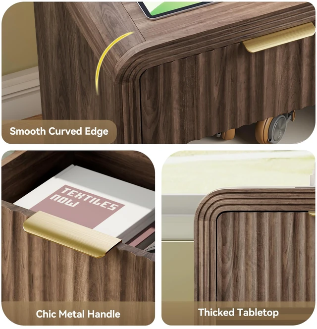 Alt view image 5 of 7 - Fluted 1-Drawer Nightstand with Charging Station and Shelf, Walnut | Open Shelf, Gold Handles, Curved Profile, USB and Type C Ports, Wood Bedside Table for Bedroom Storage
