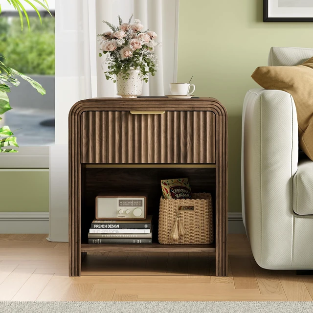 Alt view image 6 of 7 - Fluted 1-Drawer Nightstand with Charging Station and Shelf, Walnut | Open Shelf, Gold Handles, Curved Profile, USB and Type C Ports, Wood Bedside Table for Bedroom Storage