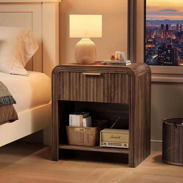 Alt view image 7 of 7 - Fluted 1-Drawer Nightstand with Charging Station and Shelf, Walnut | Open Shelf, Gold Handles, Curved Profile, USB and Type C Ports, Wood Bedside Table for Bedroom Storage