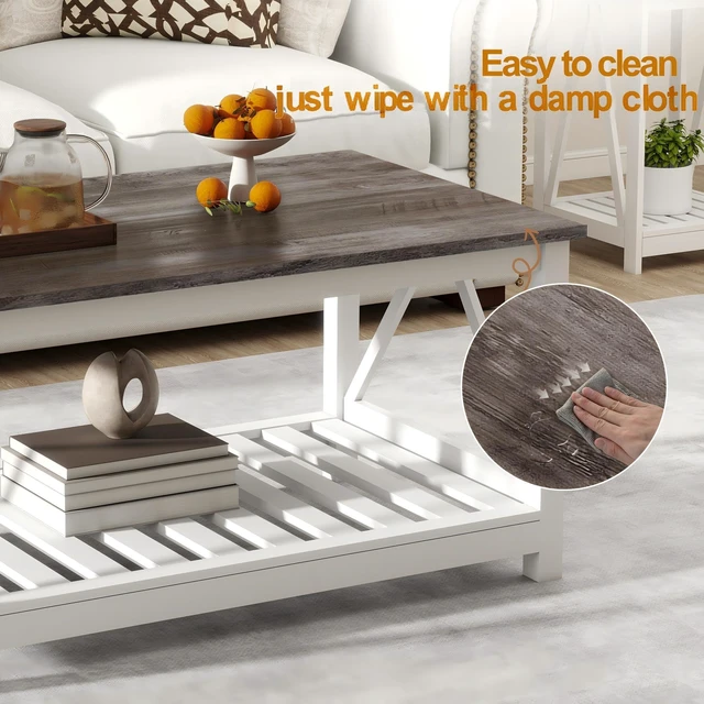 Alt view image 5 of 7 - Coffee Table with Storage Small White Farmhouse Coffee Table for Livingroom | Farmhouse Style , White Oak Finish , Grey Oak Top , 2-Tier Slat Shelf , V-Shape Frame , 39.4" L x 21.6" W,Sturdy Frame