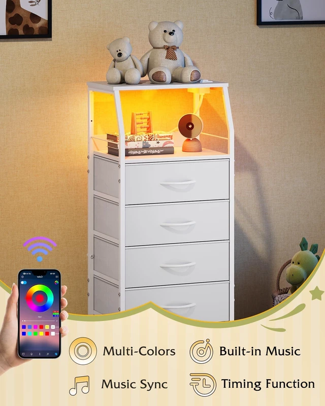 Alt view image 4 of 7 - Night Stand with Charging Station, White LED 5 Drawers Bedside Table | RGB LED Tall Dresser with 2 USB + 2 AC Outlets, 5 Fabric Drawers, Sturdy Metal Frame, Easy Assembly